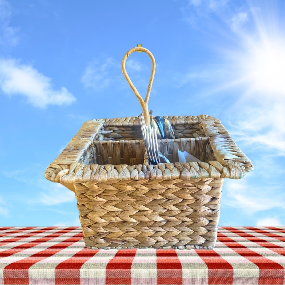 Wicker woven basket flatware caddy